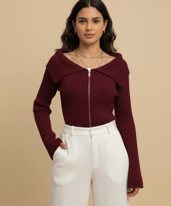 Kadın Çift Fermuarlı Şal Yaka Fitilli Triko Kazak