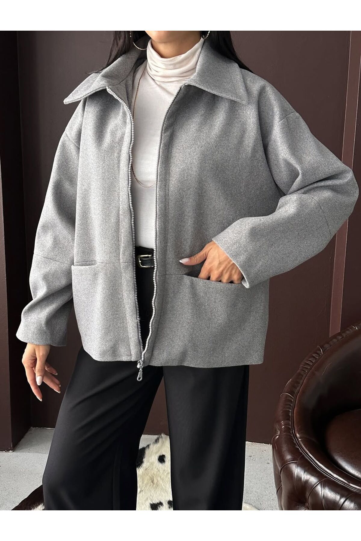 Oversize Kaşe Kadın Kaban Şık Tasarım - Görsel 4