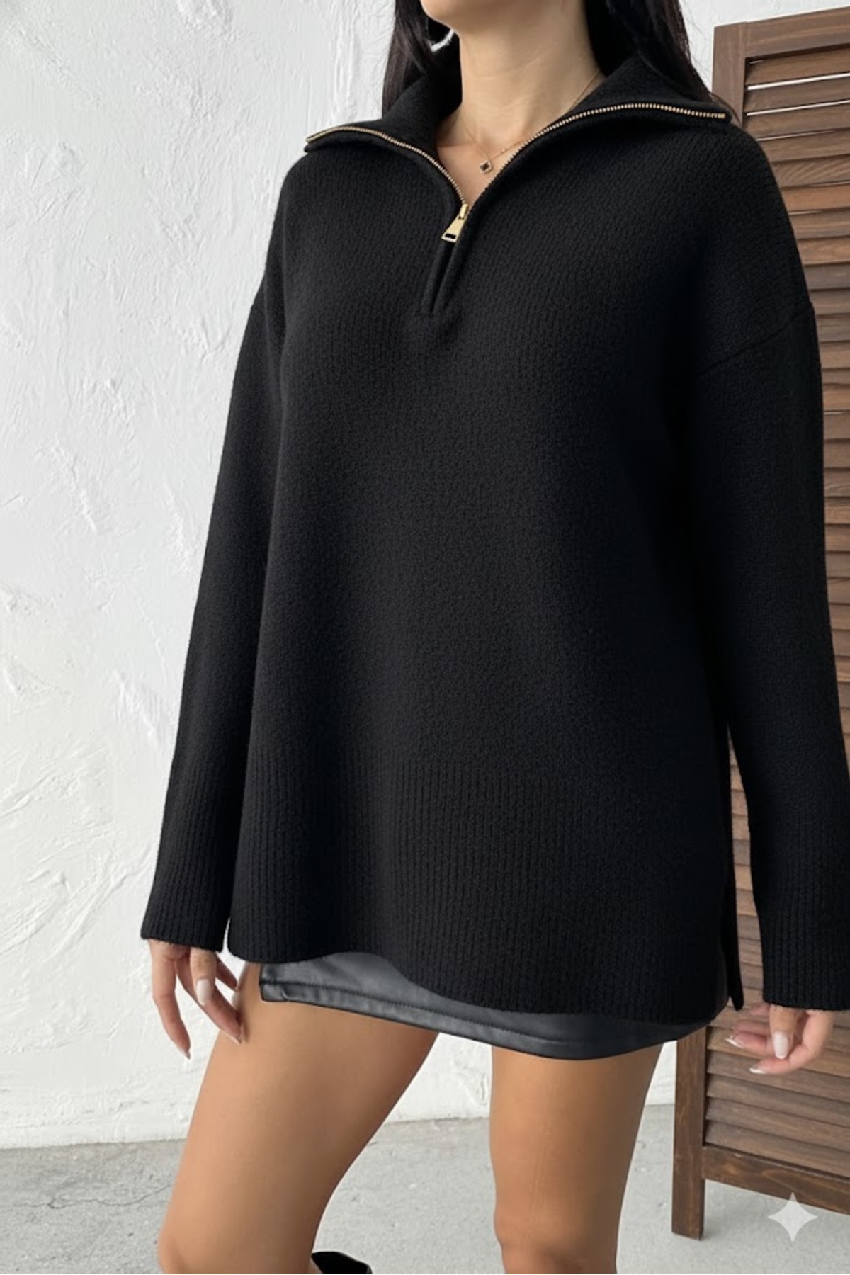 Kadın Fermuarlı Polo Yaka Triko Kazak - Görsel 4