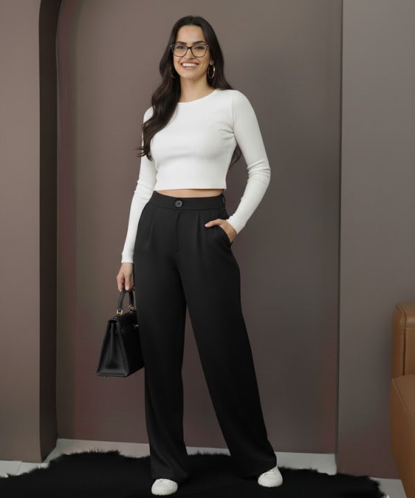 Yüksek Bel Boru Paça Pantolon -Siyah Renkli