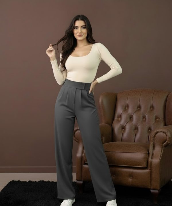 Yüksek Bel Boru Paça Pantolon -Gri Renkli