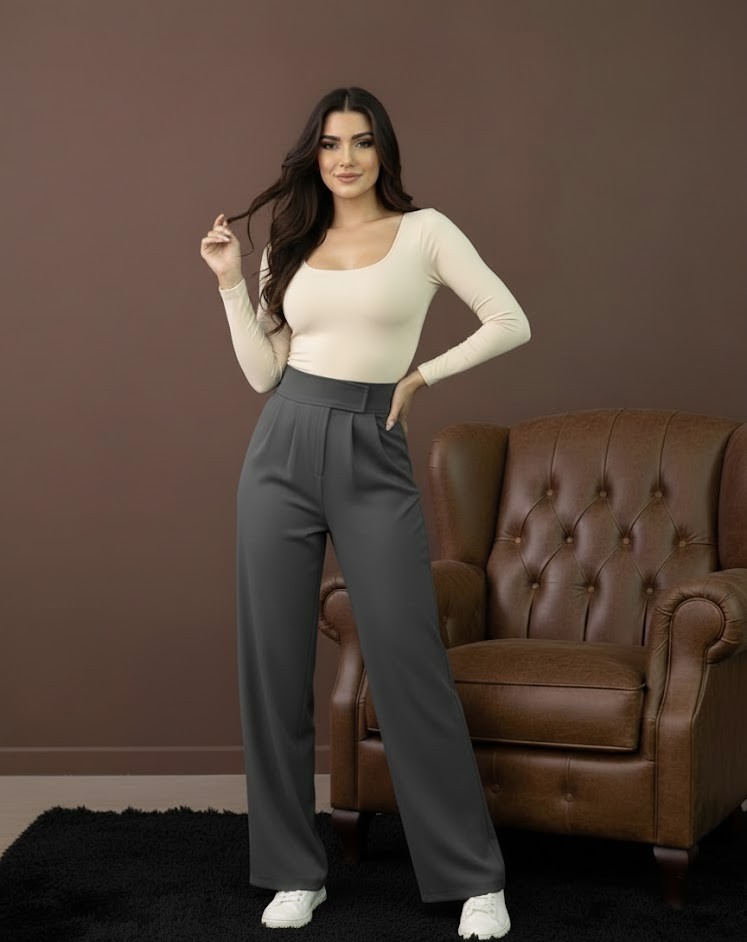 Yüksek Bel Boru Paça Pantolon -Gri Renkli