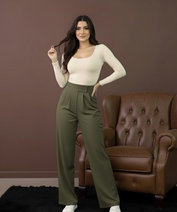 Yüksek Bel Boru Paça Pantolon -Yeşil Renkli