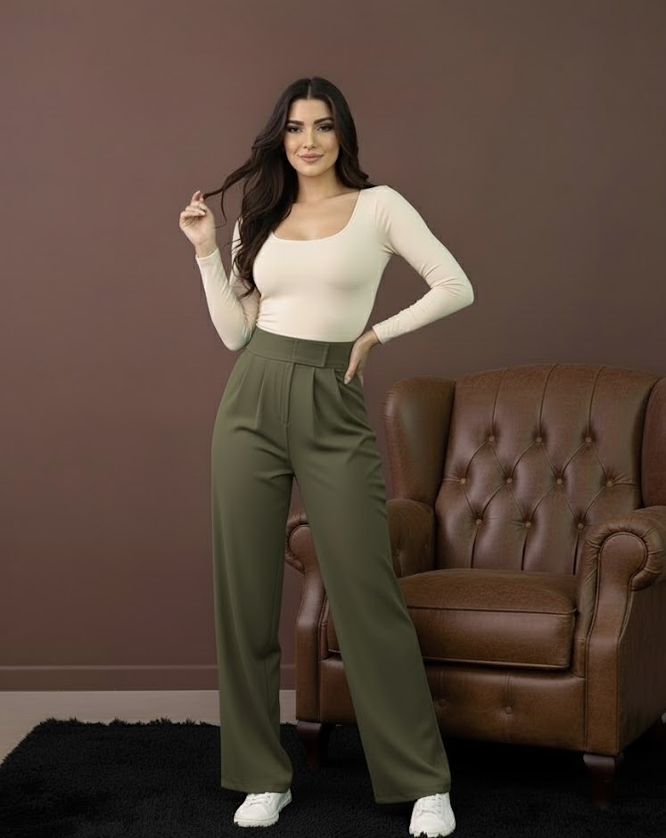 Yüksek Bel Boru Paça Pantolon -Yeşil Renkli