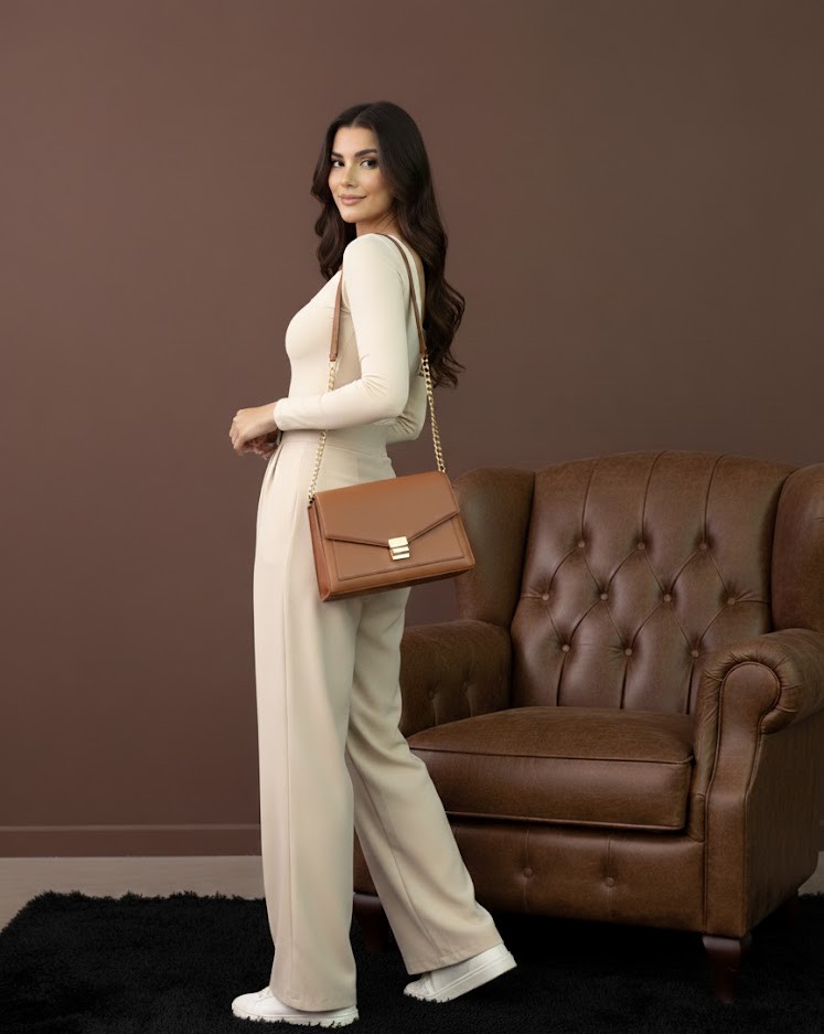 Yüksek Bel Boru Paça Pantolon -Krem Renkli - Görsel 4