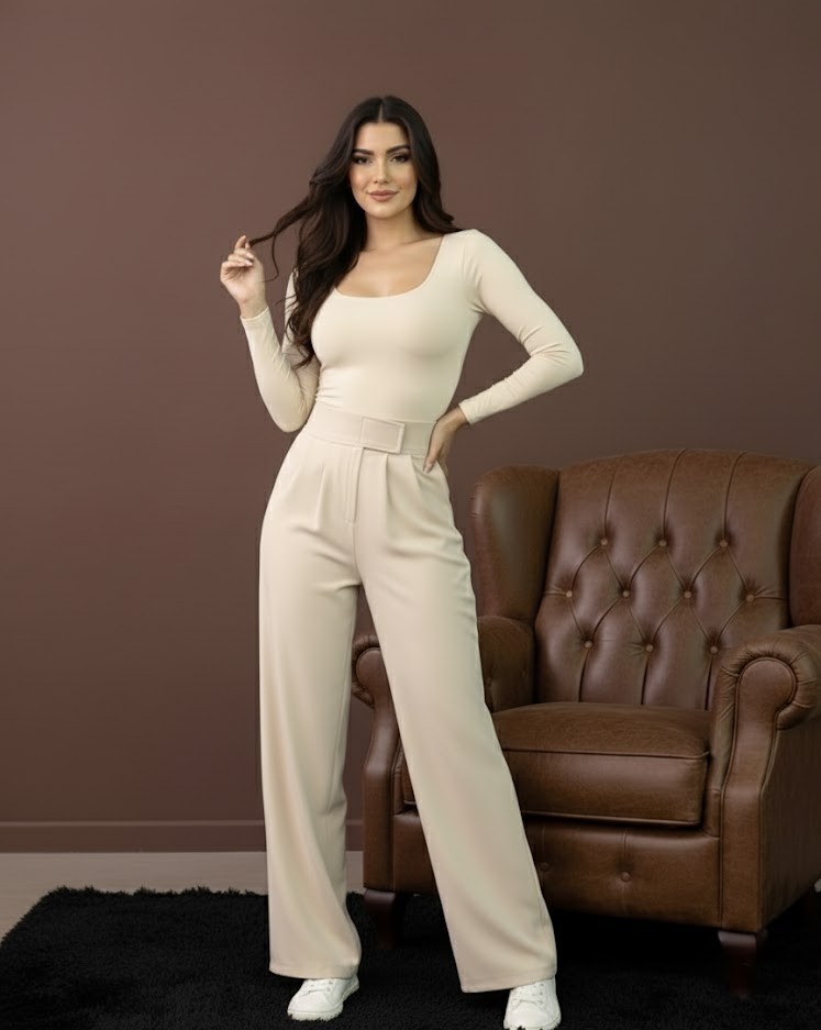 Yüksek Bel Boru Paça Pantolon -Krem Renkli