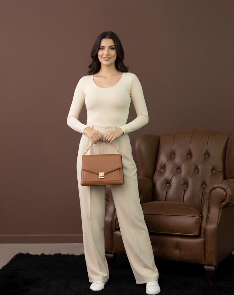 Yüksek Bel Boru Paça Pantolon -Krem Renkli - Görsel 3