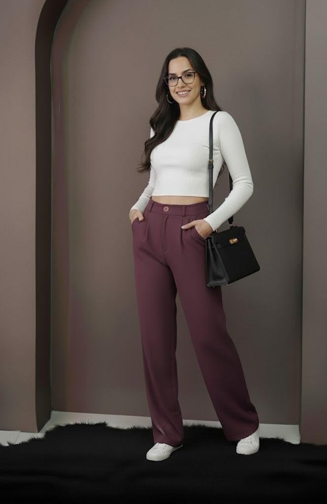 Yüksek Bel Boru Paça Pantolon -Bordo Renkli - Görsel 4