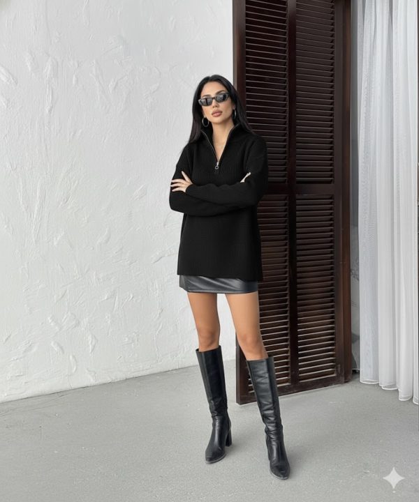 Kadın Fermuarlı Polo Yaka Triko Kazak