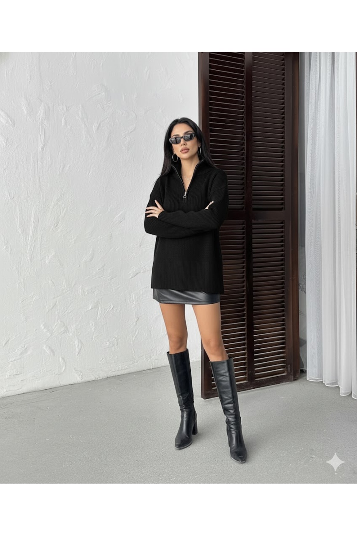 Kadın Fermuarlı Polo Yaka Triko Kazak