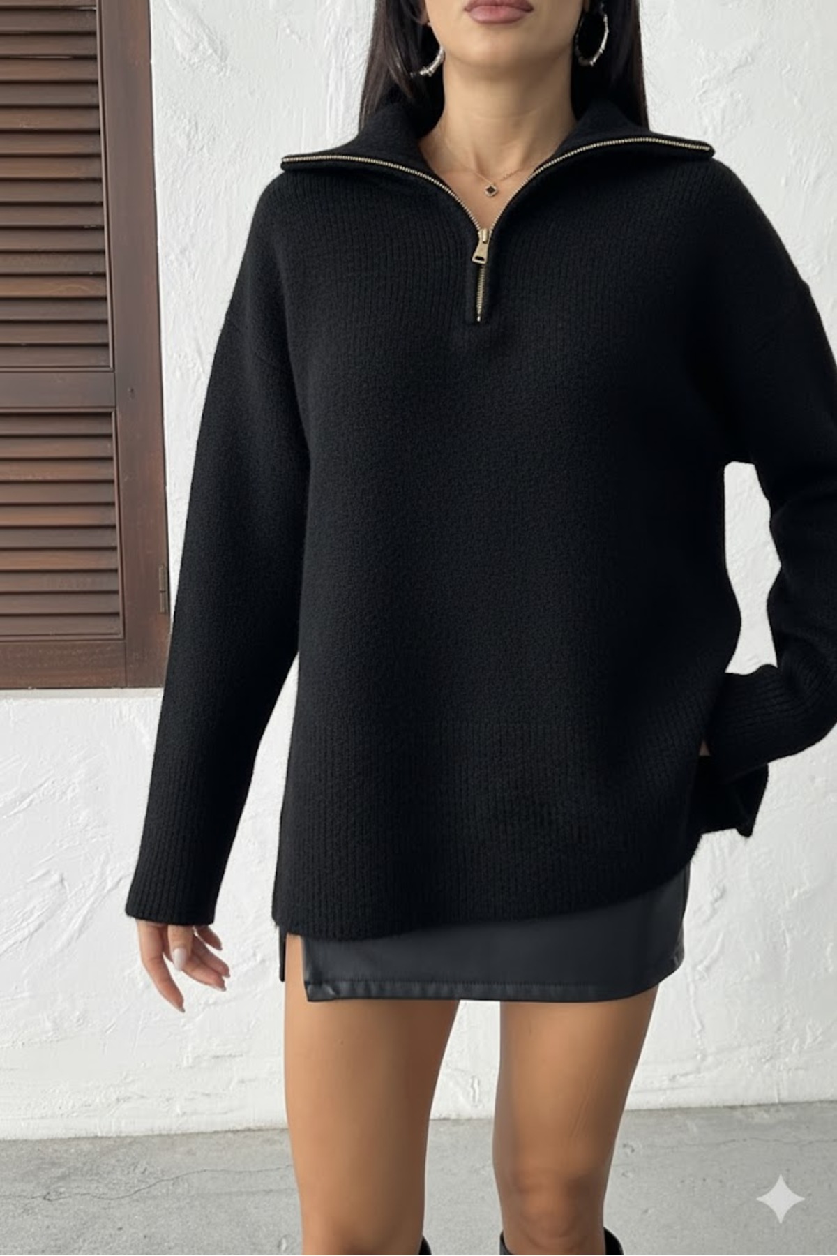 Kadın Fermuarlı Polo Yaka Triko Kazak - Görsel 5