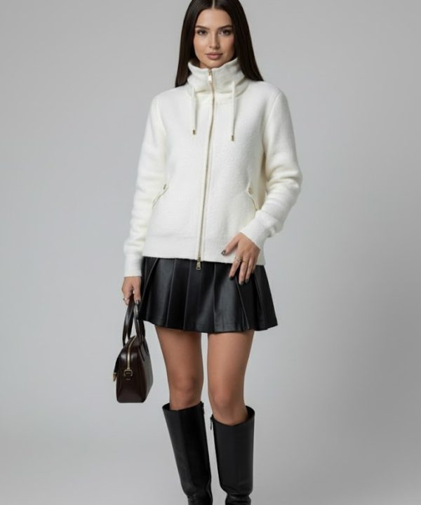 Dik Yaka Fermuarlı Ceket- Krem