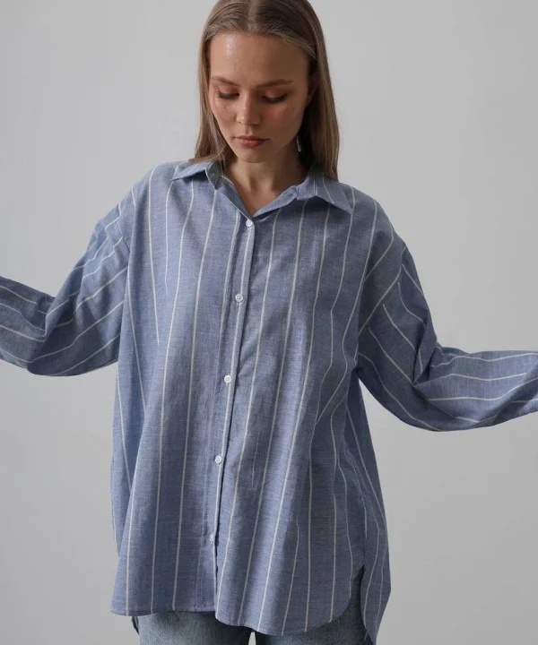 KADIN ÇİZGİLİ OVERSİZE GÖMLEK