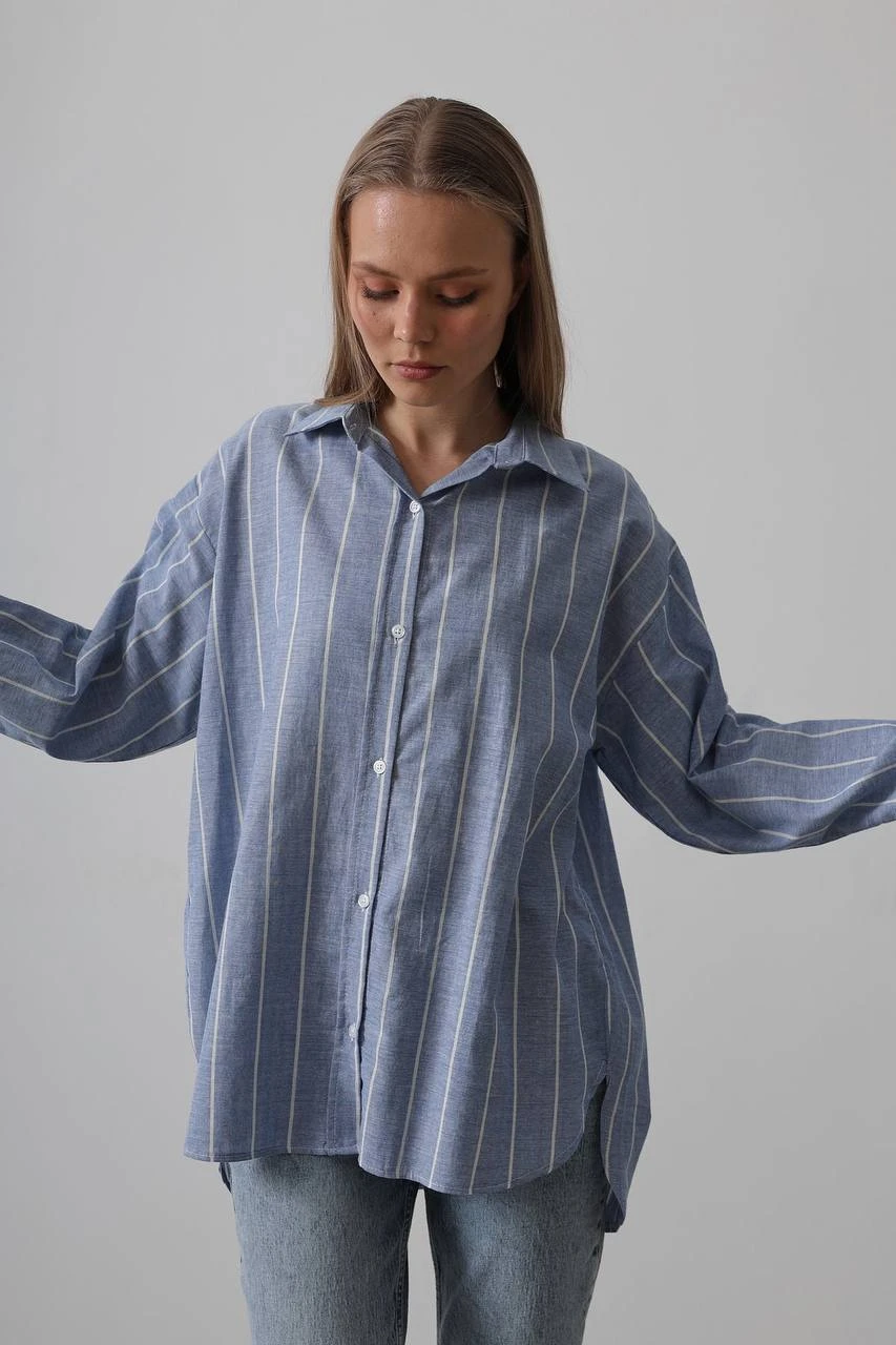 KADIN ÇİZGİLİ OVERSİZE GÖMLEK