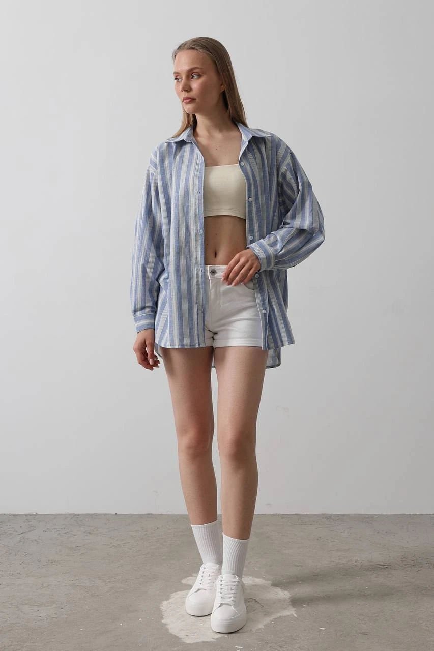 KADIN ÇİZGİLİ OVERSİZE GÖMLEK