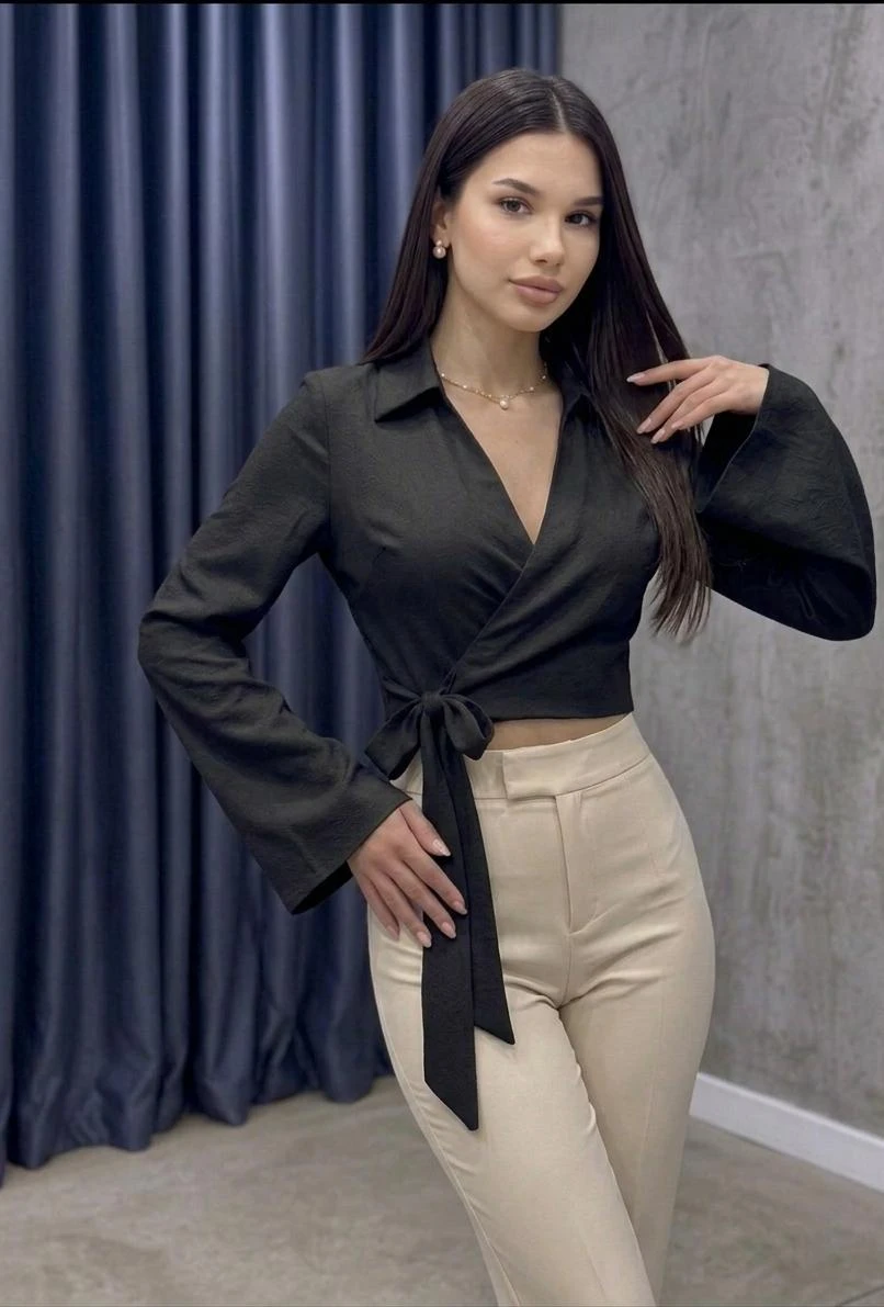 KADIN KRUVAZE YAKA CROP BLUZ GÖMLEK