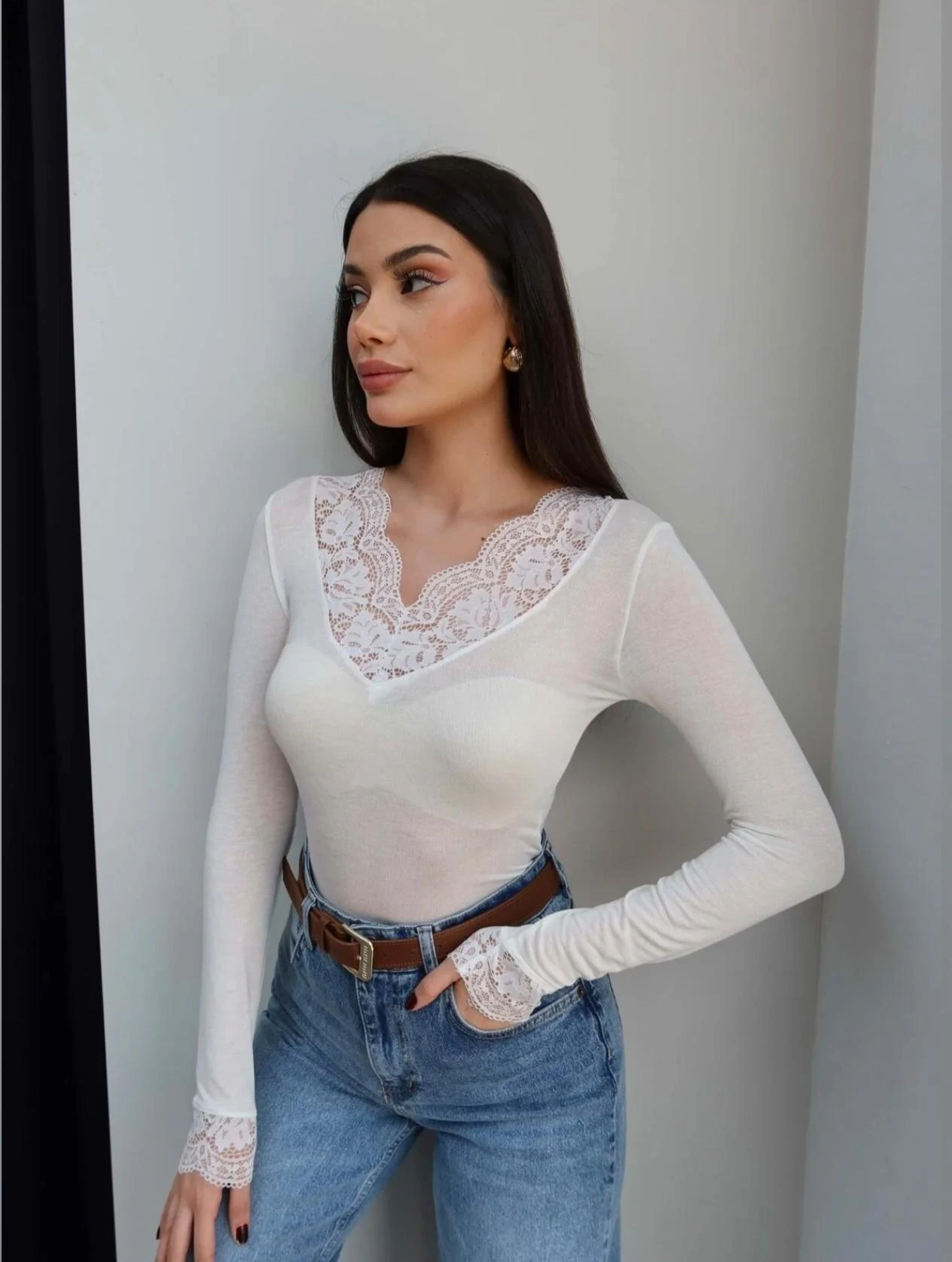 DANTEL YAKA KAŞMİR KARISIMLI BLUZ