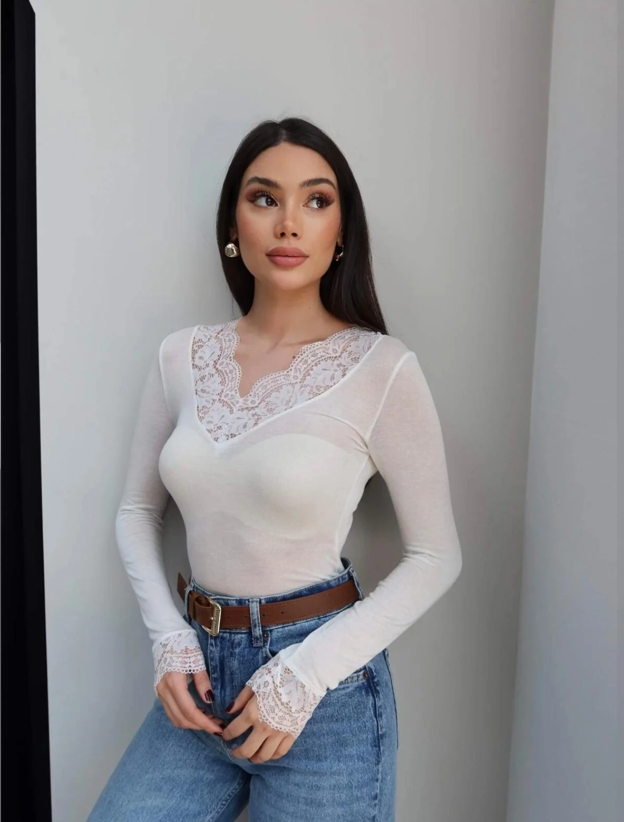 DANTEL YAKA KAŞMİR KARISIMLI BLUZ