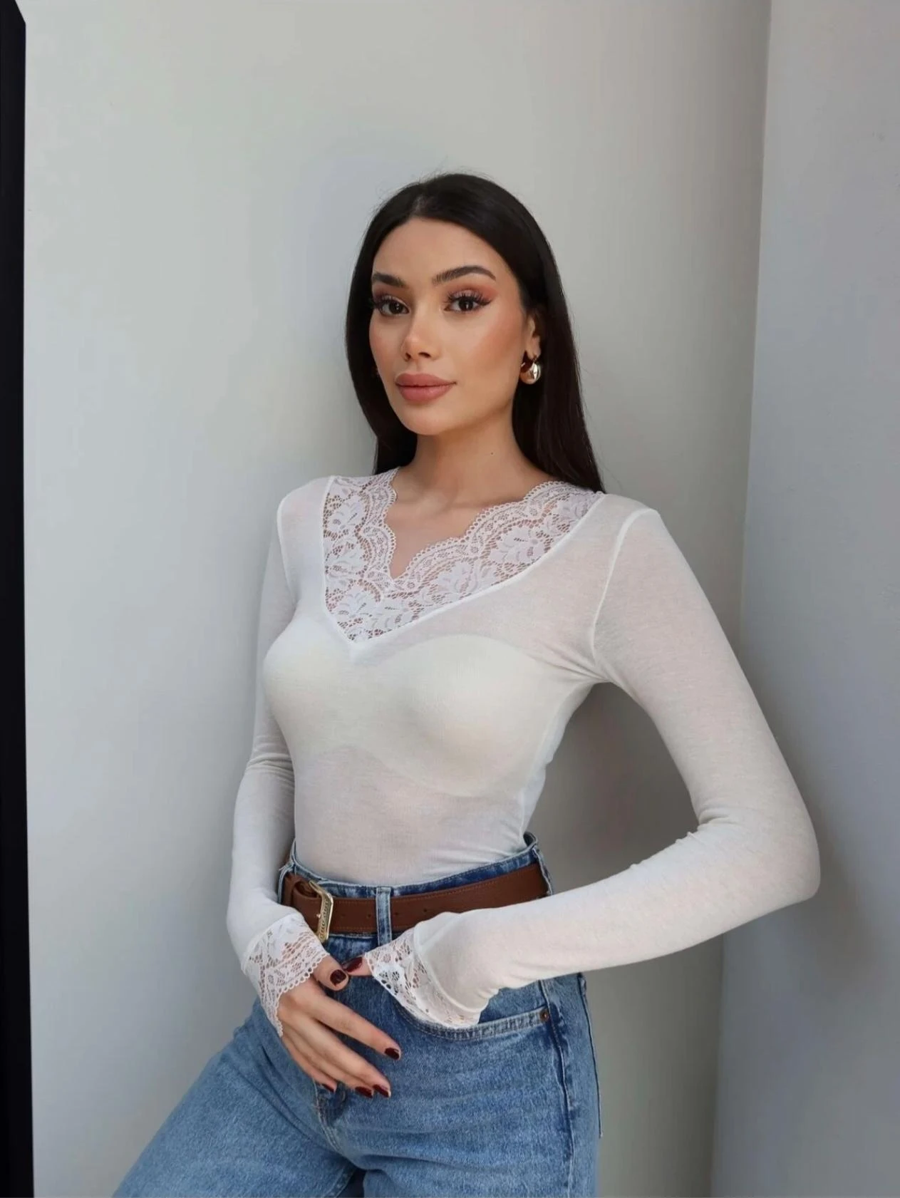 DANTEL YAKA KAŞMİR KARISIMLI BLUZ