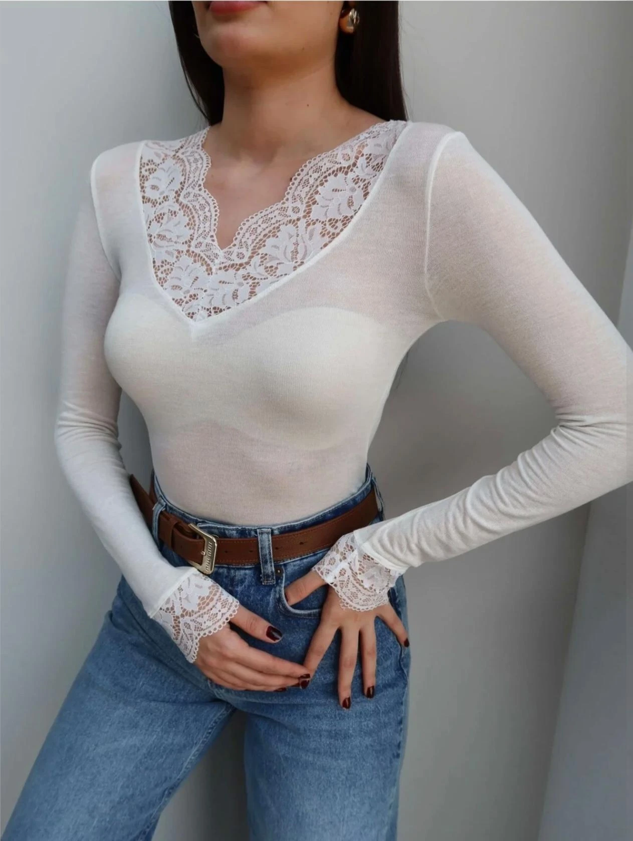 DANTEL YAKA KAŞMİR KARISIMLI BLUZ