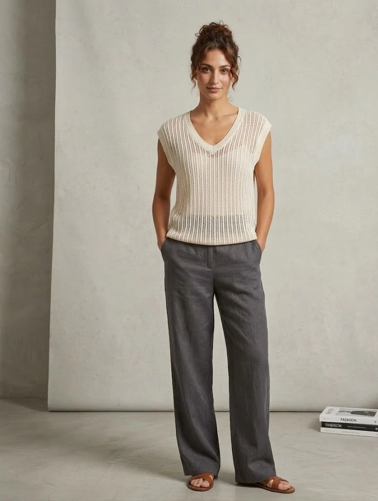 KADIN MEVSİMLİK V YAKA KETEN SÜVETER