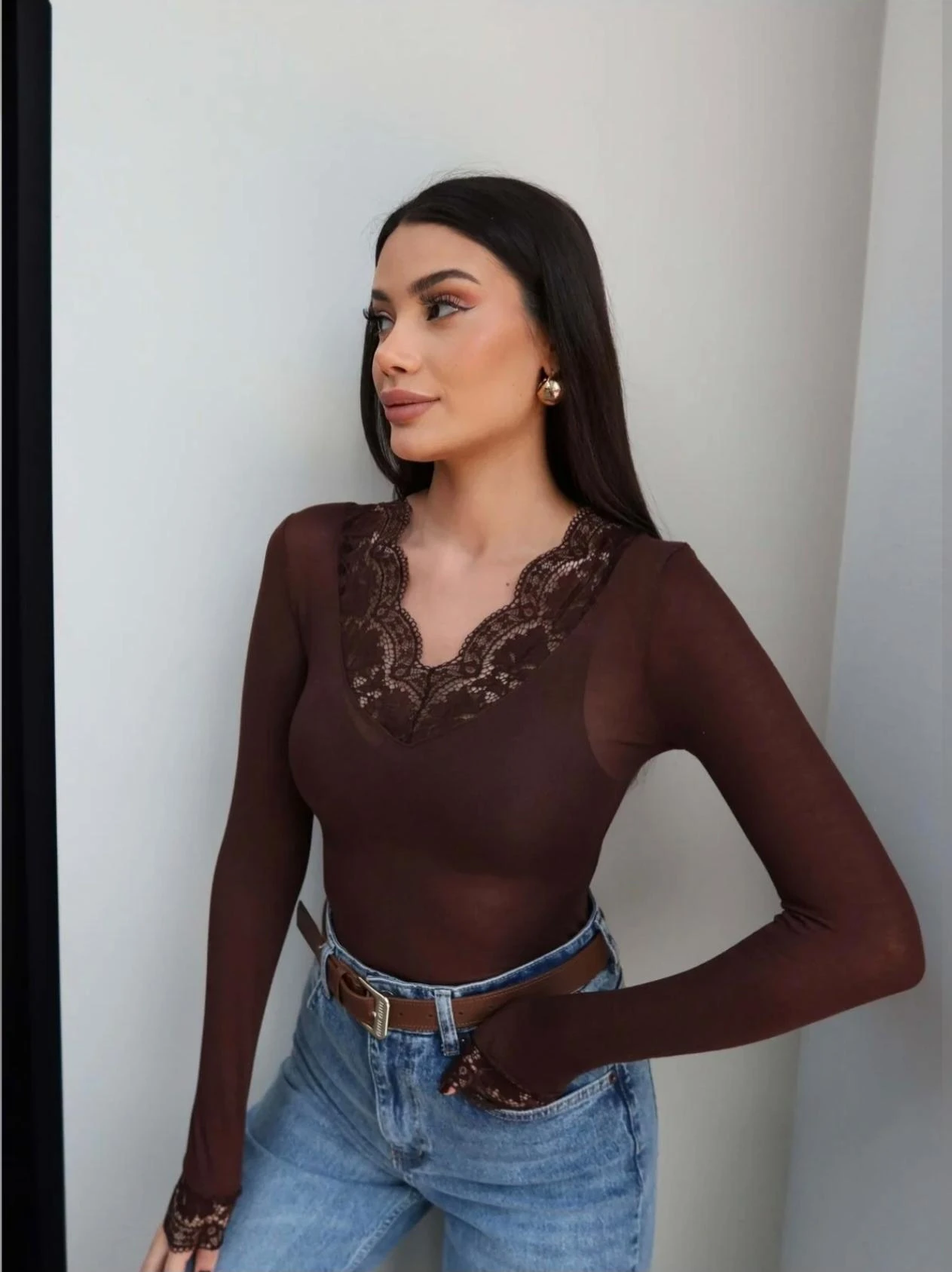 DANTEL YAKA KAŞMİR KARISIMLI BLUZ