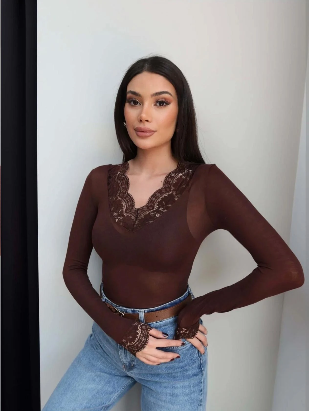 DANTEL YAKA KAŞMİR KARISIMLI BLUZ