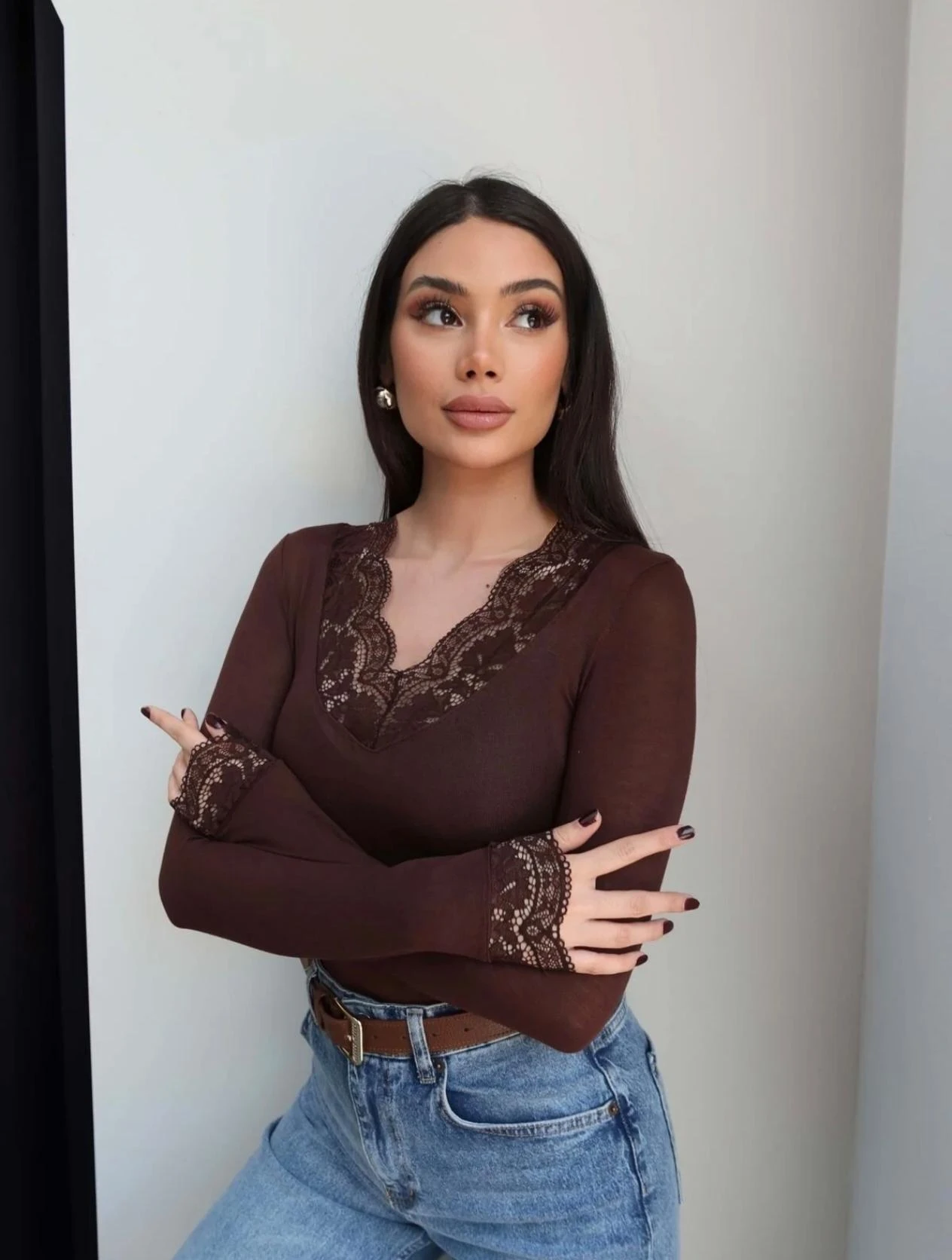 DANTEL YAKA KAŞMİR KARISIMLI BLUZ