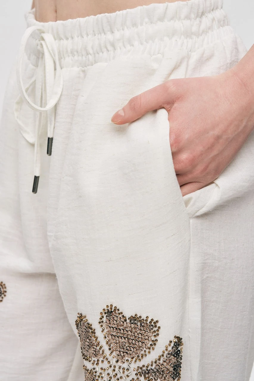 NAKIŞ İŞLEMELİ KETEN PANTOLON