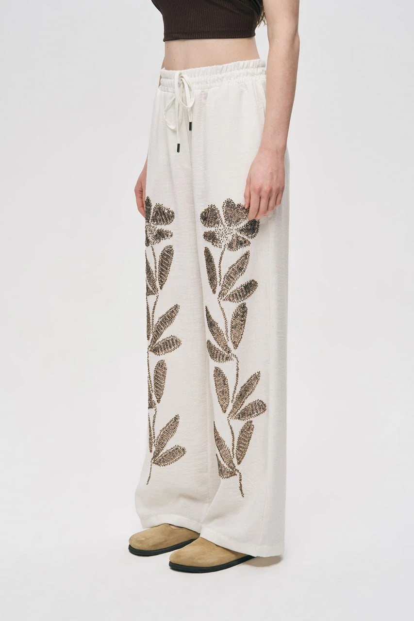 NAKIŞ İŞLEMELİ KETEN PANTOLON