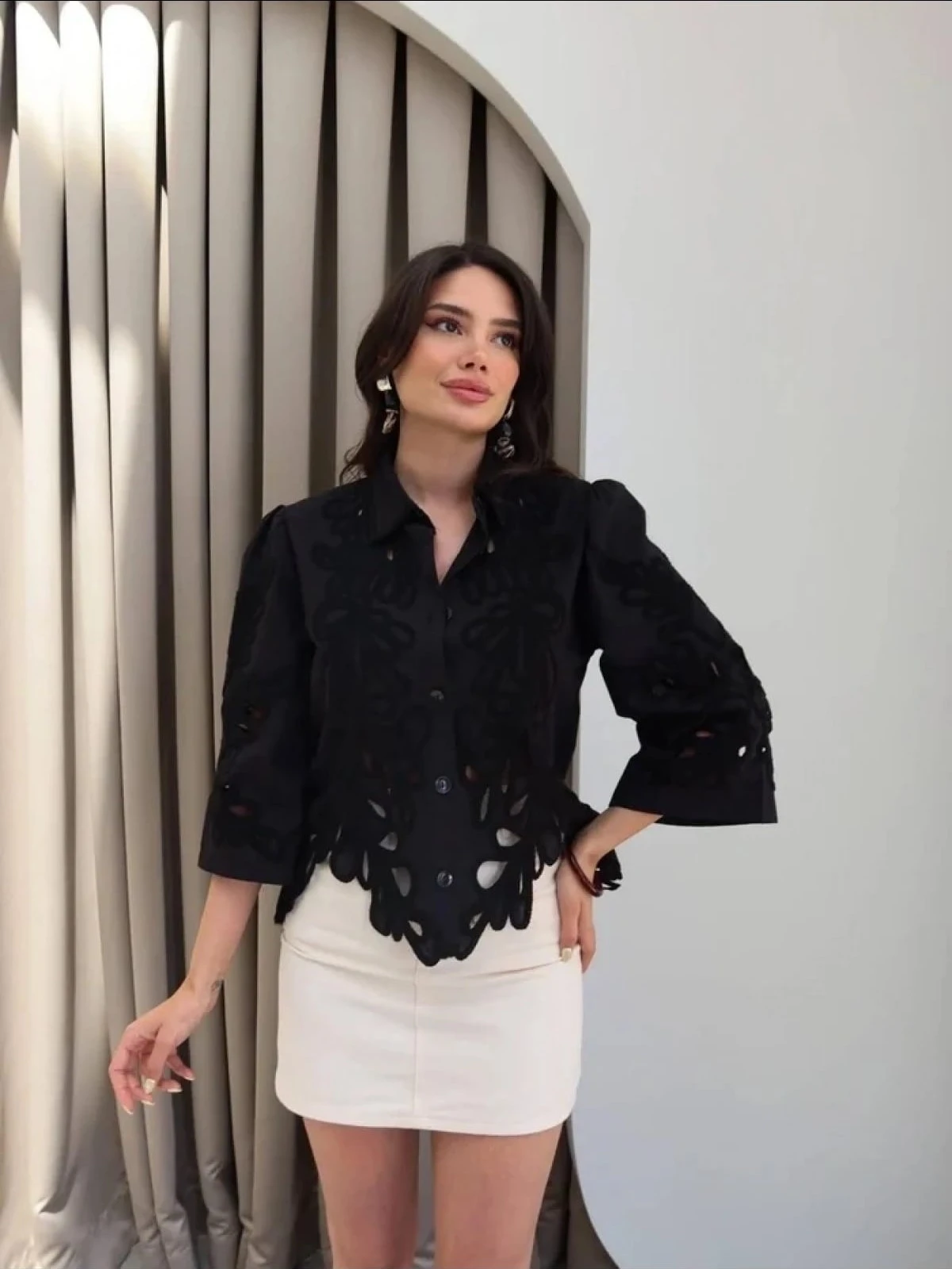 AJURLU DANTEL CROP POPLİN GÖMLEK