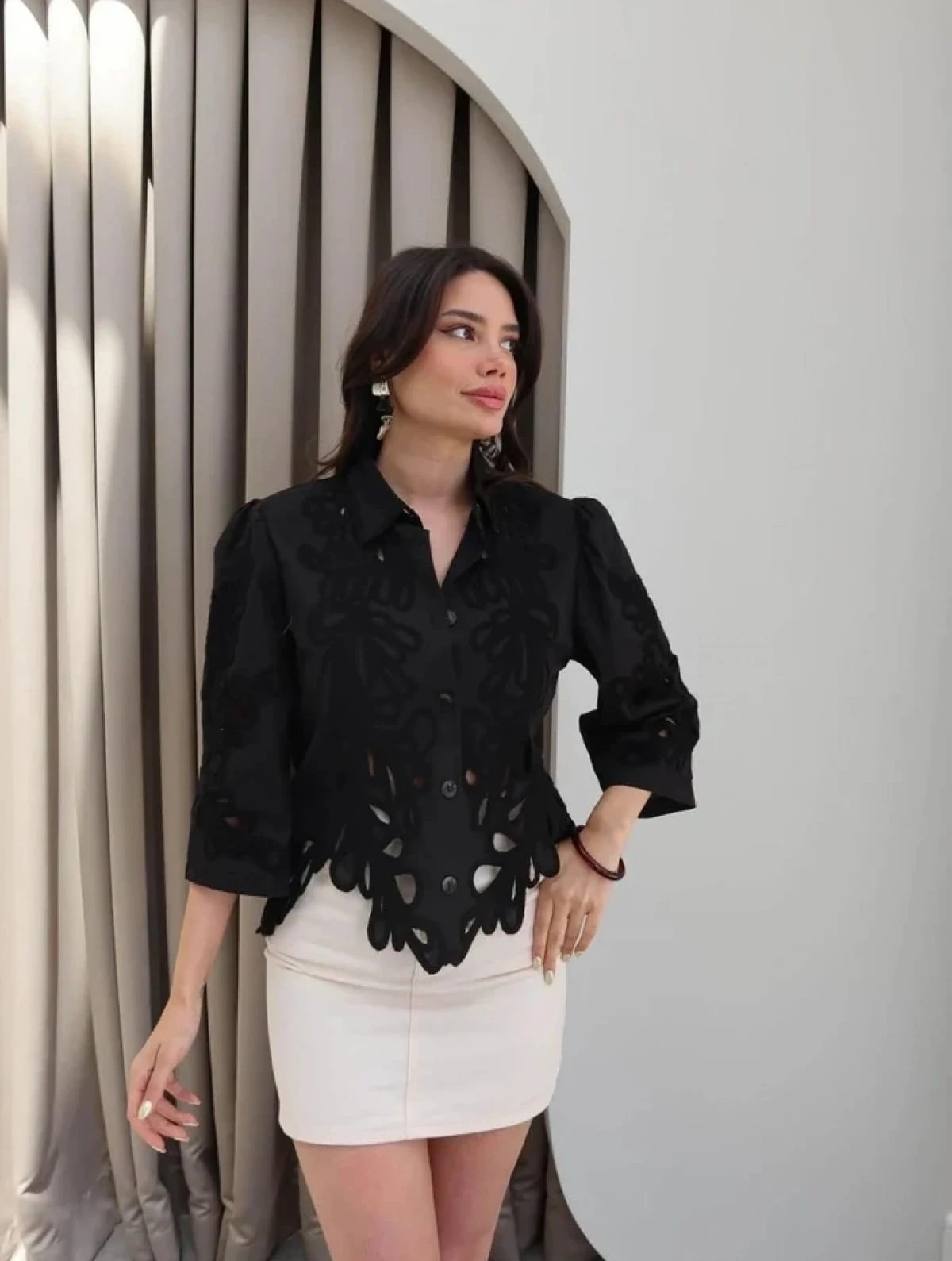 AJURLU DANTEL CROP POPLİN GÖMLEK