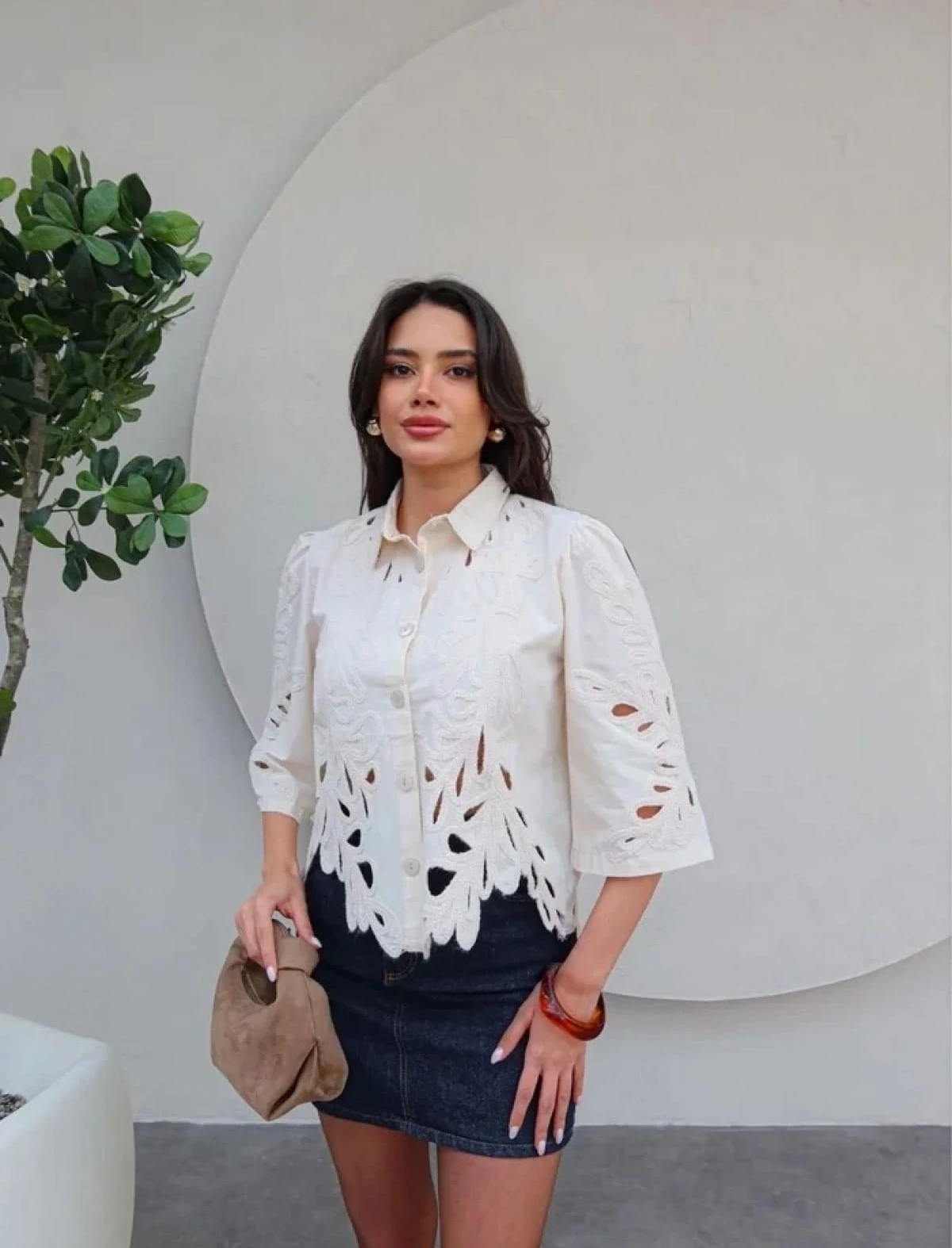 AJURLU DANTEL CROP POPLİN GÖMLEK