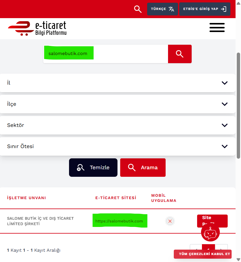 ETBİS Kayıt Belgesi